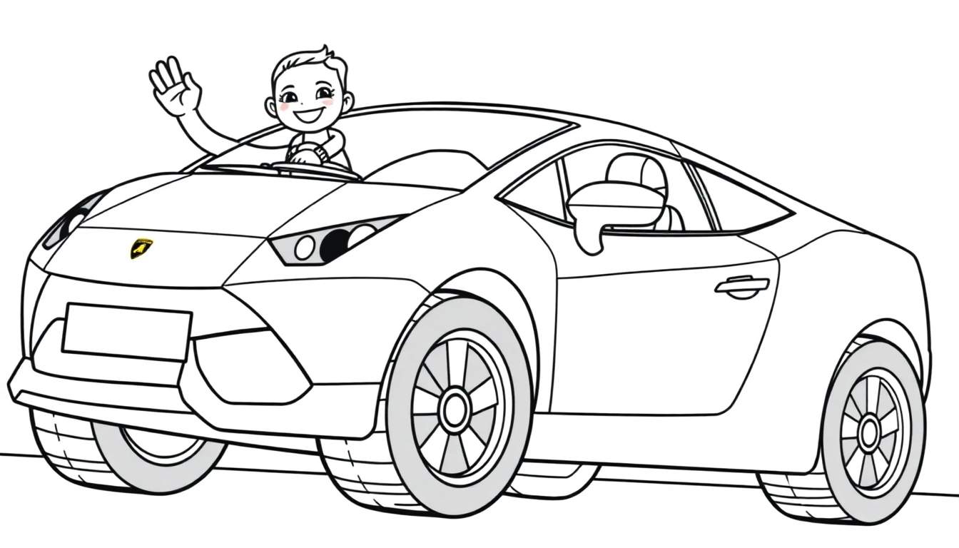 A black and white coloring page of a cool sports car with a happy kid waving from the driver's seat, ready for a fun color panel adventure.