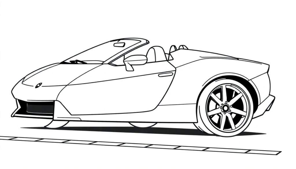A cute, smiling Lamborghini convertible ready for a zoomy race in a black and white color panel.
