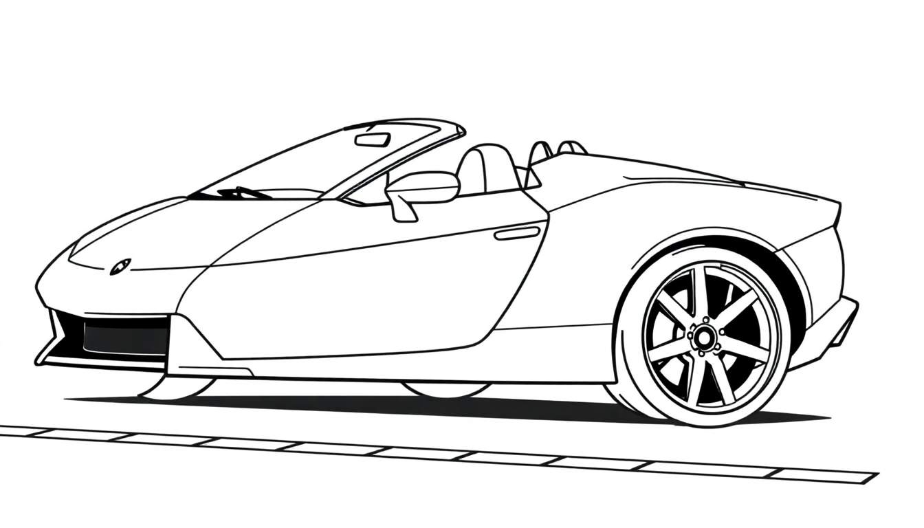 A cute, smiling Lamborghini convertible ready for a zoomy race in a black and white color panel.