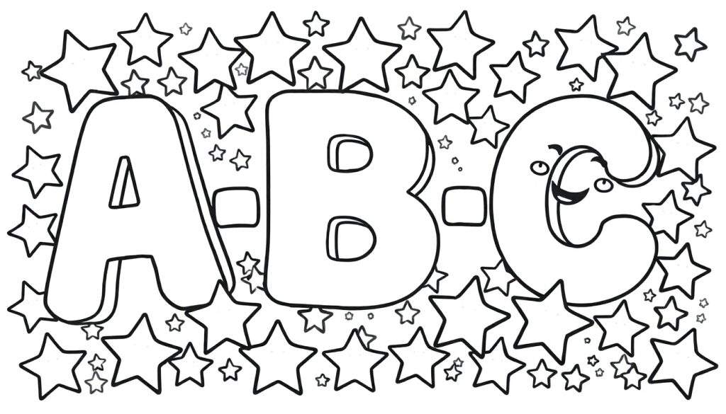 A fun black and white color panel featuring the letters A, B, and C with happy stars.