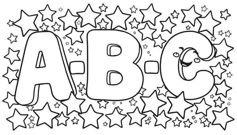 A fun black and white color panel featuring the letters A, B, and C with happy stars.