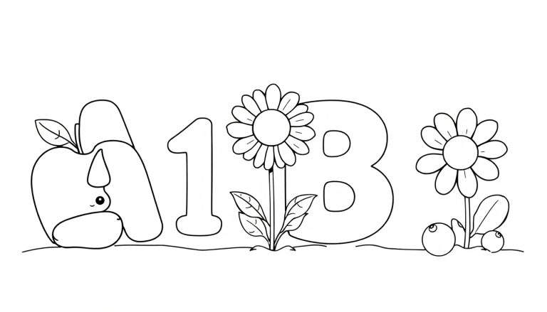 Black and white color panel illustration of the letters A1B with cartoon apple, sunflower, berries and leaves. Suitable for coloring.