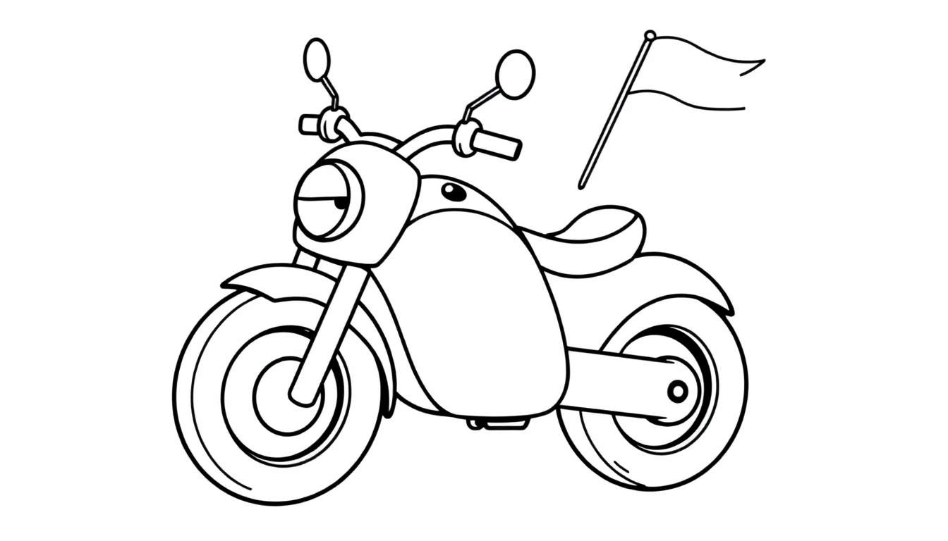 A cute black and white cartoon motorcycle with a flag, ready for a color panel adventure.