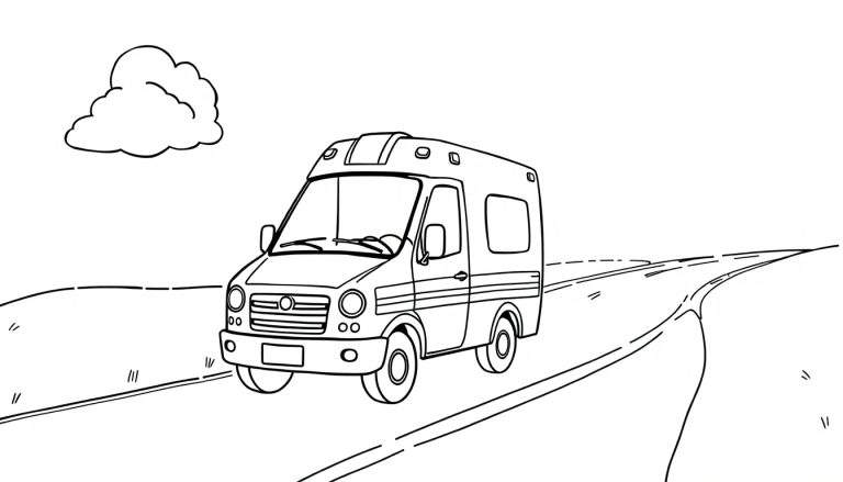 A cartoon ambulance coloring panel driving on a road with a cloud.