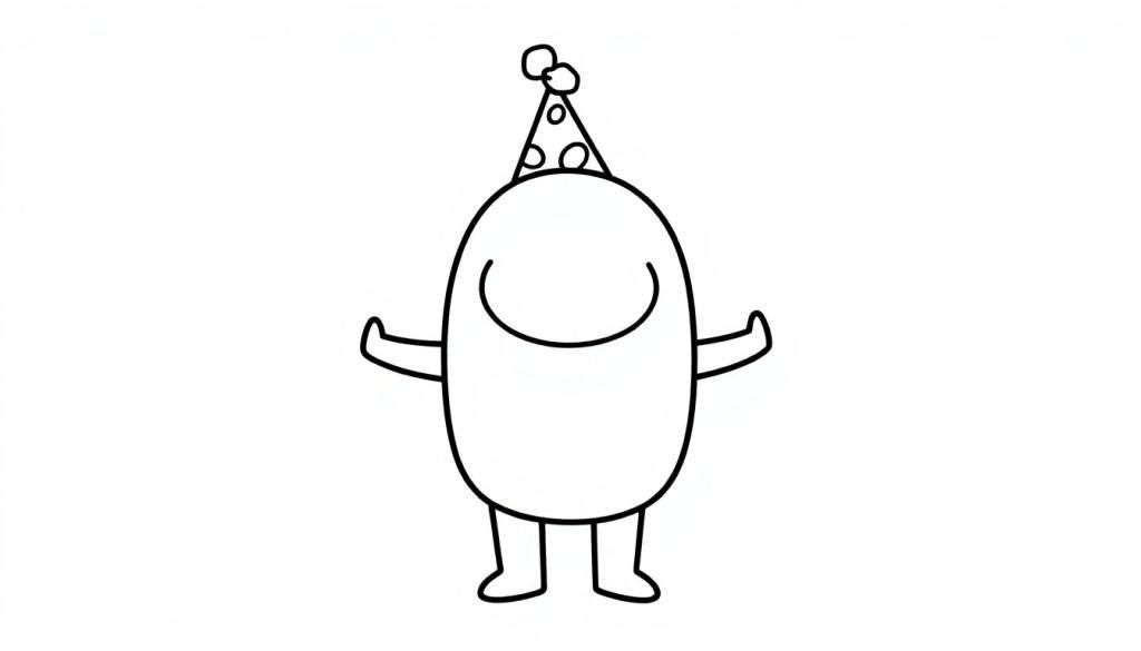 A black and white outline of a cute Among Us character wearing a party hat, ready for coloring. This is a color panel. 🎨