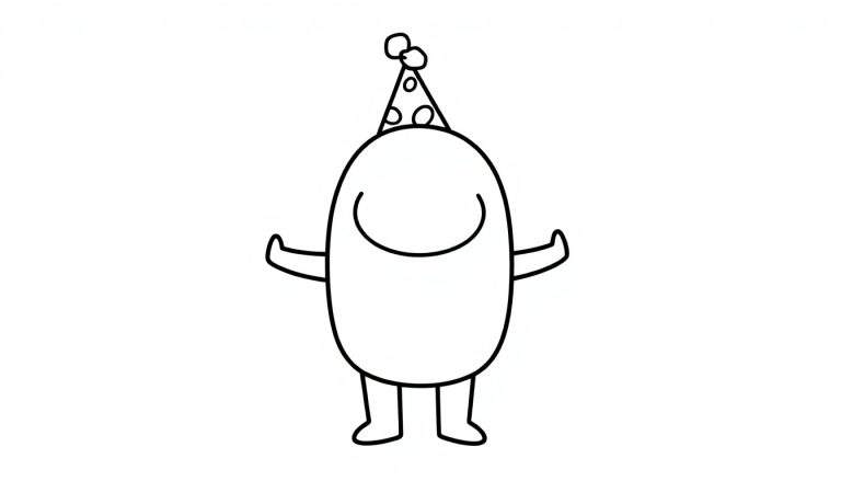 A black and white outline of a cute Among Us character wearing a party hat, ready for coloring. This is a color panel. 🎨
