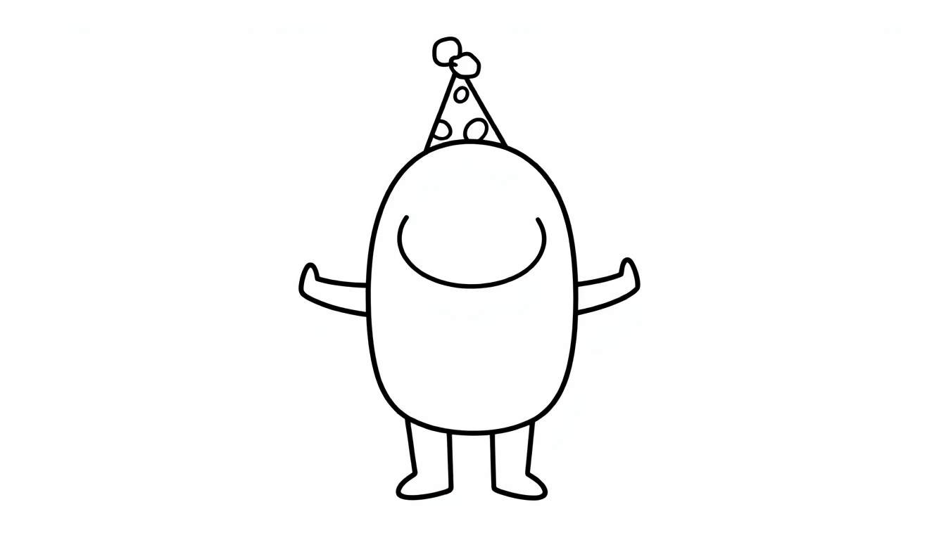 A black and white outline of a cute Among Us character wearing a party hat, ready for coloring. This is a color panel. 🎨