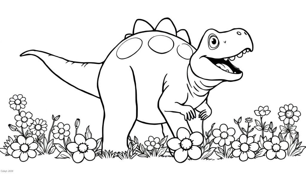 A cute, happy Ankylosaurus in a flower field, ready for this color panel. Black and white outline for coloring fun!