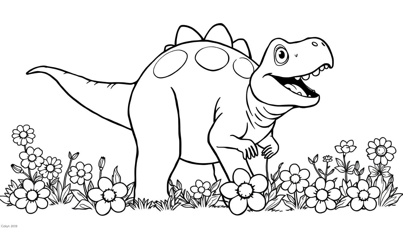 A cute, happy Ankylosaurus in a flower field, ready for this color panel. Black and white outline for coloring fun!