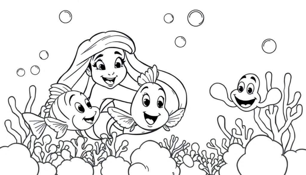 A black and white coloring page of Ariel, Flounder, and Sebastian playing in a coral reef color panel.