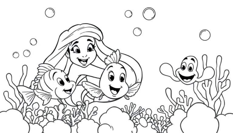 A black and white coloring page of Ariel, Flounder, and Sebastian playing in a coral reef color panel.
