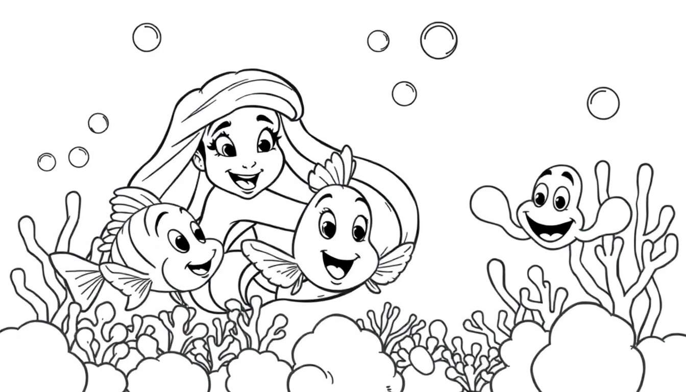 A black and white coloring page of Ariel, Flounder, and Sebastian playing in a coral reef color panel.
