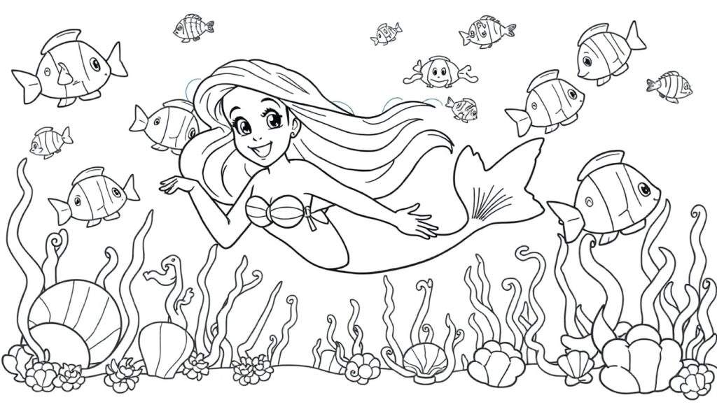 Ariel the mermaid smiles in a black and white coloring panel, surrounded by fish, shells, and seaweed. This coloring panel is perfect for little artists!