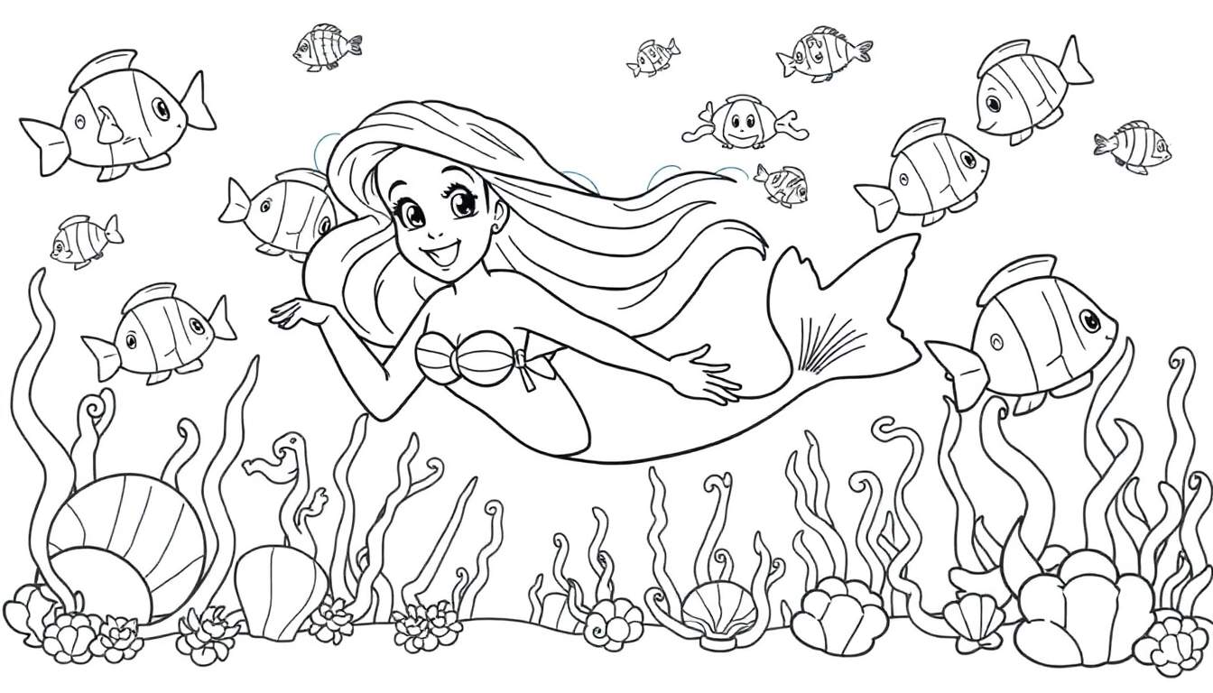 Ariel the mermaid smiles in a black and white coloring panel, surrounded by fish, shells, and seaweed. This coloring panel is perfect for little artists!