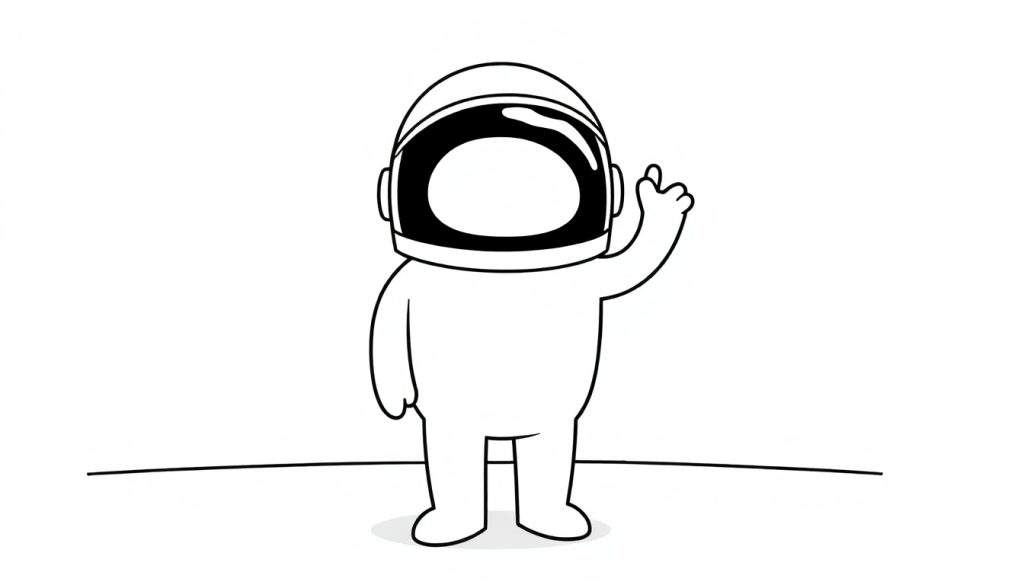 A simple black and white cartoon astronaut waving hello on a color panel.