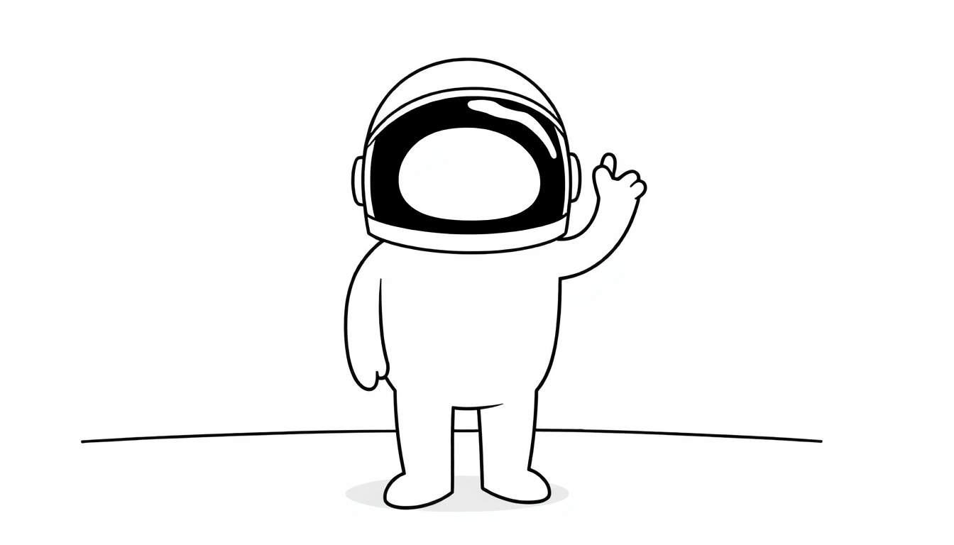 A simple black and white cartoon astronaut waving hello on a color panel.