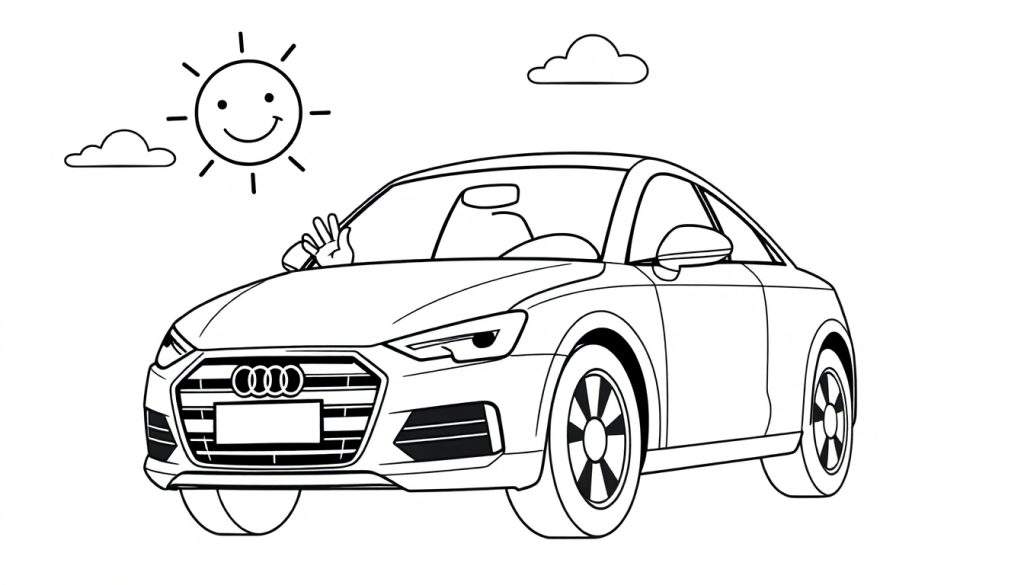 A black and white color panel of an Audi TT car with a hand making a peace sign, a smiling sun, and clouds.