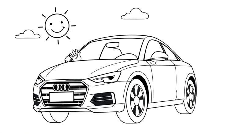 A black and white color panel of an Audi TT car with a hand making a peace sign, a smiling sun, and clouds.