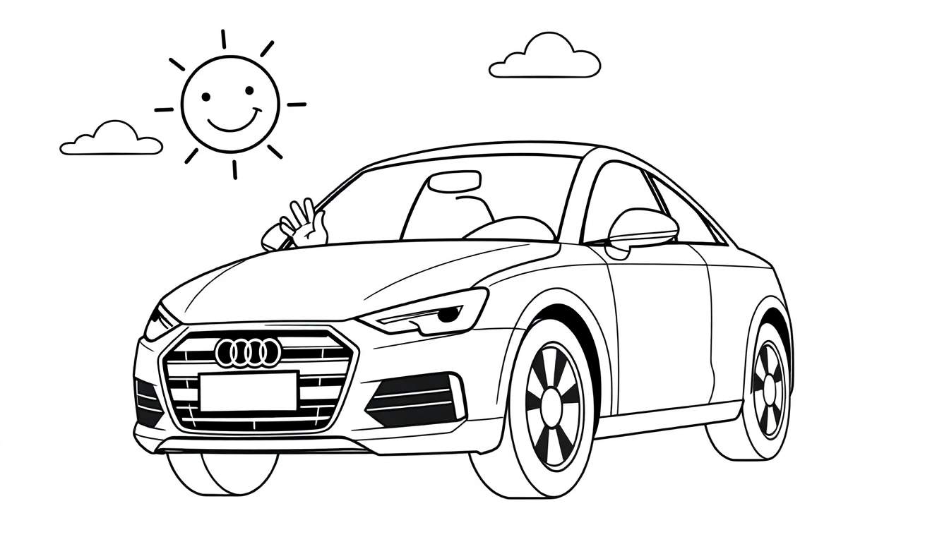 A black and white color panel of an Audi TT car with a hand making a peace sign, a smiling sun, and clouds.