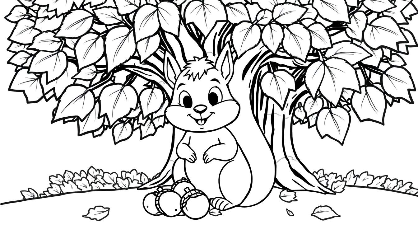 A cute black and white color panel of a friendly squirrel collecting acorns under a big, leafy autumn tree.