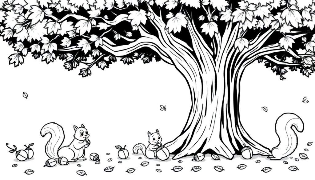 A cute black and white autumn color panel with squirrels and a tree.
