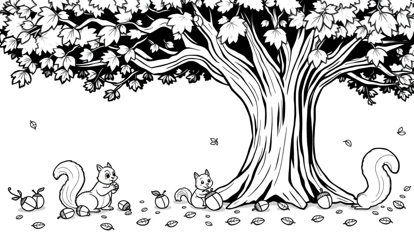 A cute black and white autumn color panel with squirrels and a tree.