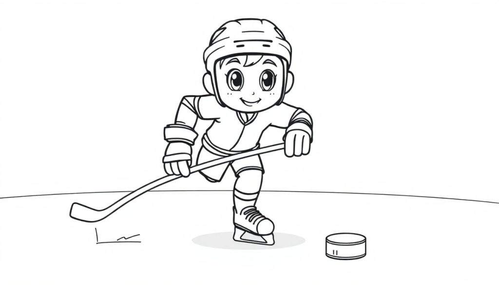 A black and white cartoon of a child hockey player ready to color in their awesome ice rink adventure. This color panel is super fun!