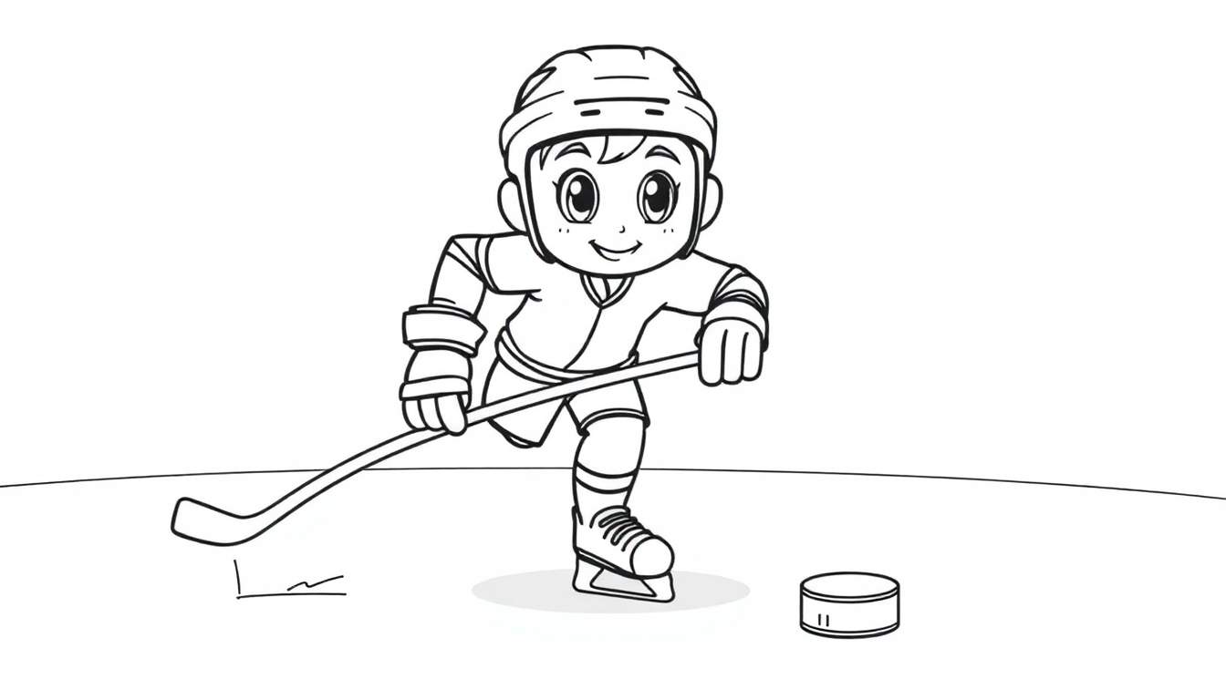 A black and white cartoon of a child hockey player ready to color in their awesome ice rink adventure. This color panel is super fun!