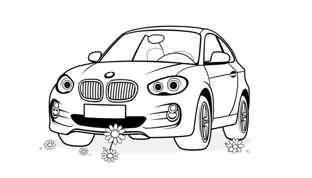A black and white cartoon of a friendly BMW car, perfect for a color panel adventure, with daisies around it.