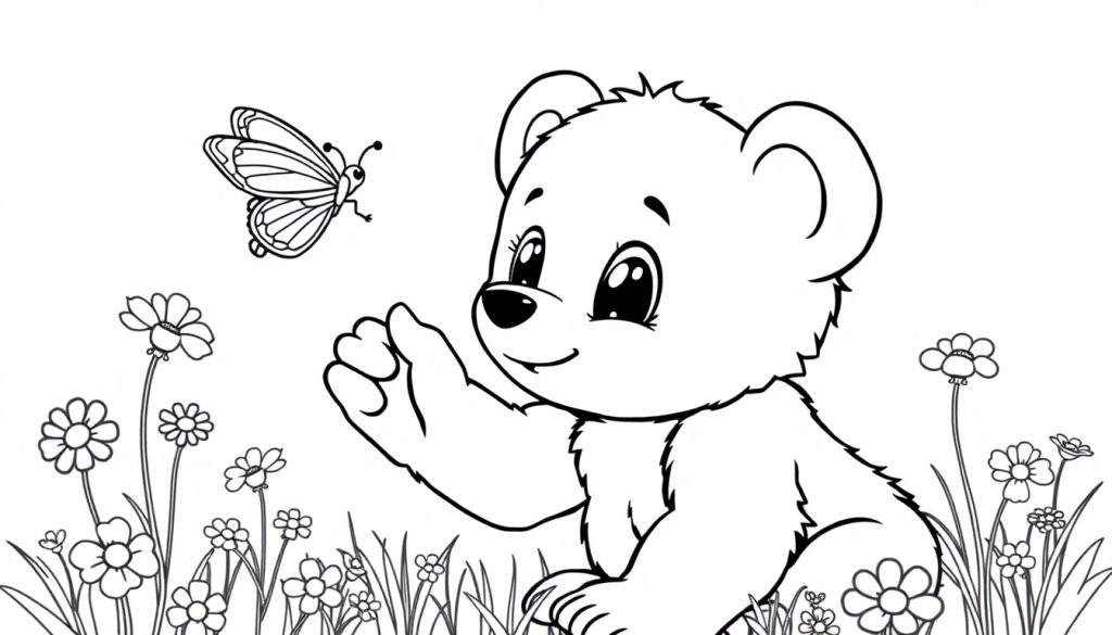 A cute baby bear cub reaching for a butterfly in a flower field, ready for a color panel.