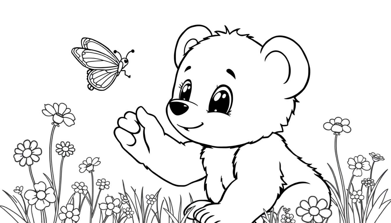A cute baby bear cub reaching for a butterfly in a flower field, ready for a color panel.