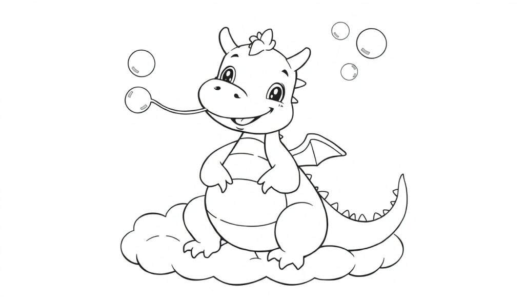 A cute black and white baby dragon sitting on a cloud, blowing bubbles. This is a coloring panel.