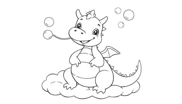 A cute black and white baby dragon sitting on a cloud, blowing bubbles. This is a coloring panel.