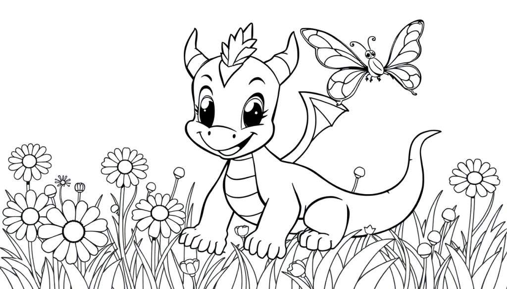 A cute baby dragon and a butterfly in a field of flowers, ready for a color panel.