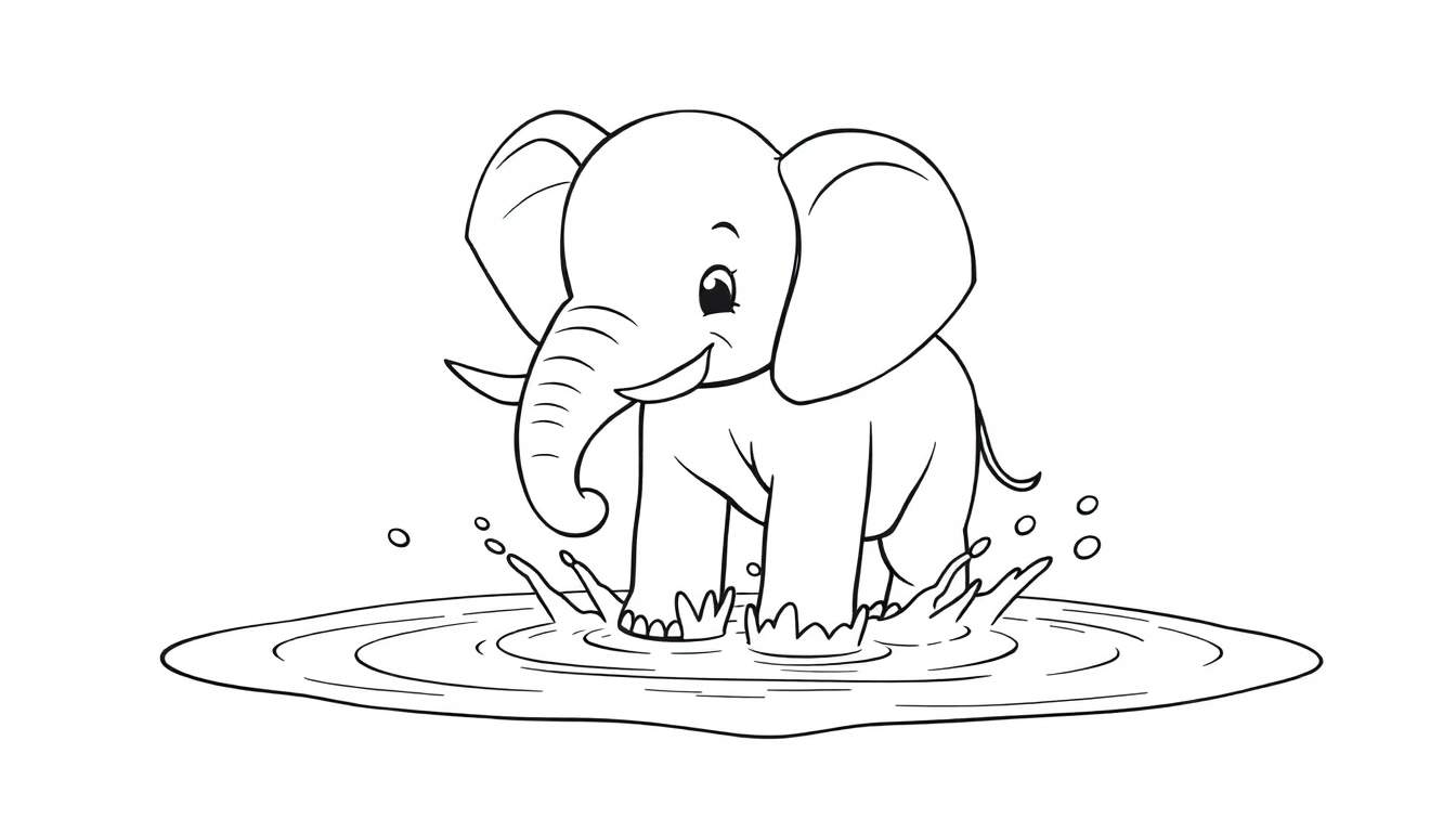 A black and white line art illustration of a cute baby elephant splashing happily in a puddle, perfect for a color panel.