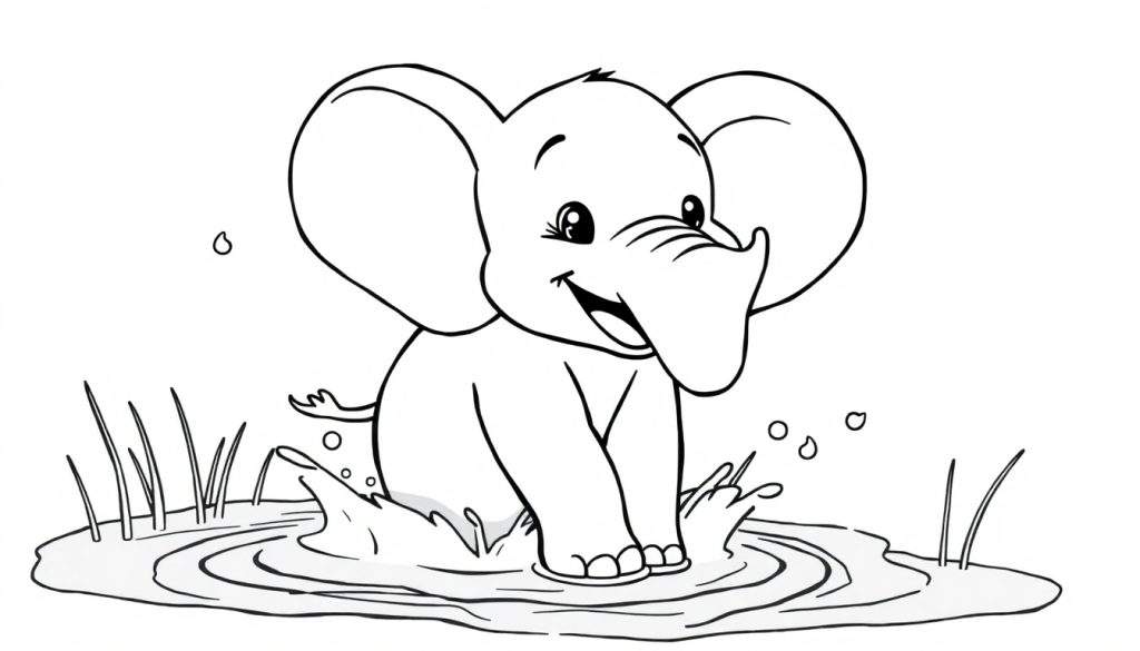A cute baby elephant in black and white line art, ready for a color panel, splashing in water.