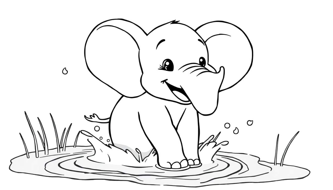 A cute baby elephant in black and white line art, ready for a color panel, splashing in water.