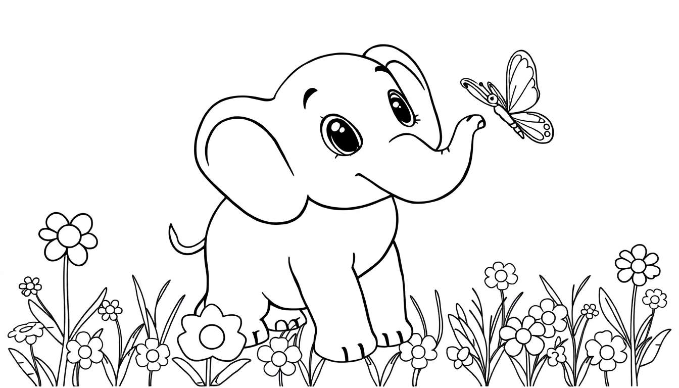 A cute baby elephant in a flower field, ready for a color panel adventure.