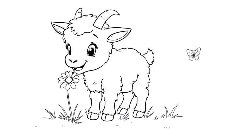 A black and white cartoon of a baby goat happily munching a flower, with a butterfly nearby, perfect for a color panel.