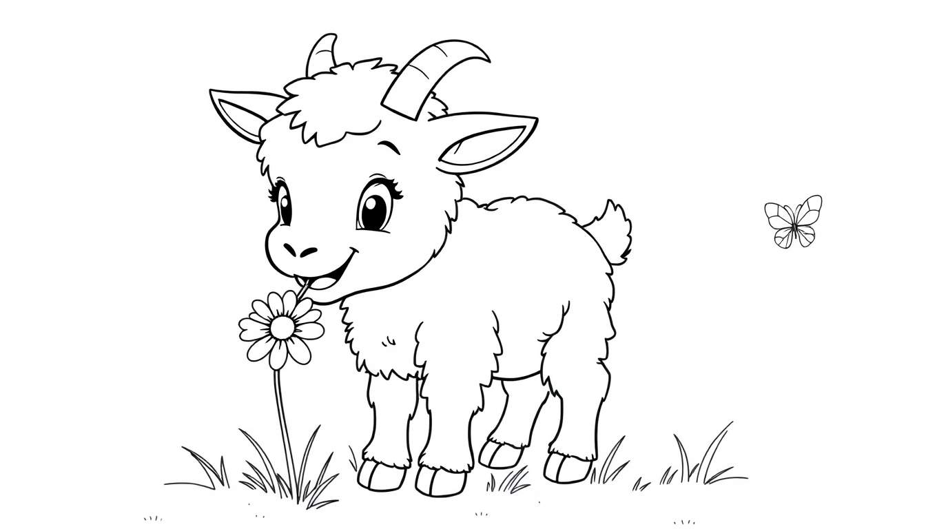 A black and white cartoon of a baby goat happily munching a flower, with a butterfly nearby, perfect for a color panel.