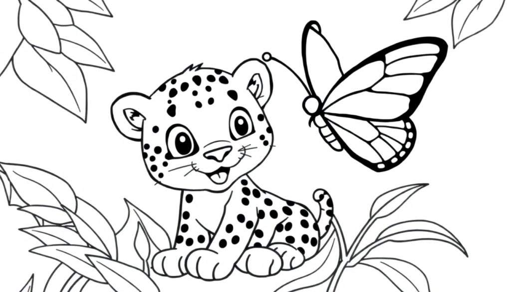 A cute baby leopard cub sitting in a jungle, with a butterfly flying nearby, ready for a color panel adventure.