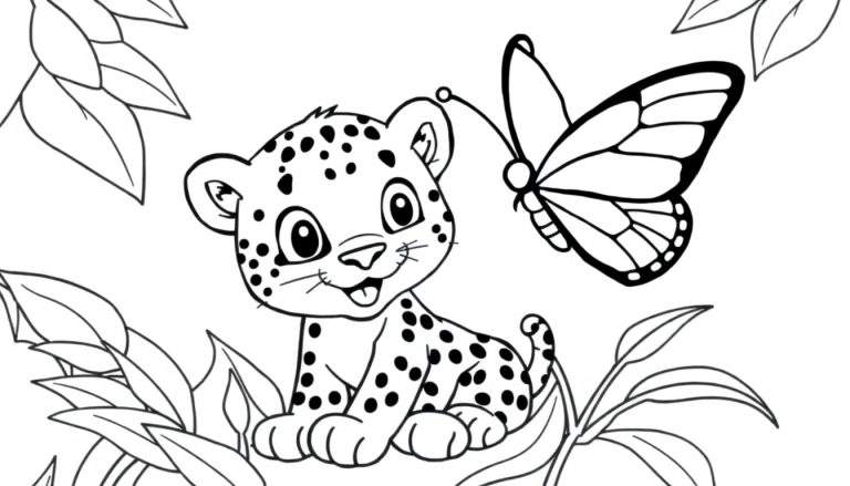 A cute baby leopard cub sitting in a jungle, with a butterfly flying nearby, ready for a color panel adventure.