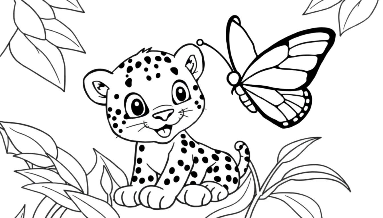 A cute baby leopard cub sitting in a jungle, with a butterfly flying nearby, ready for a color panel adventure.
