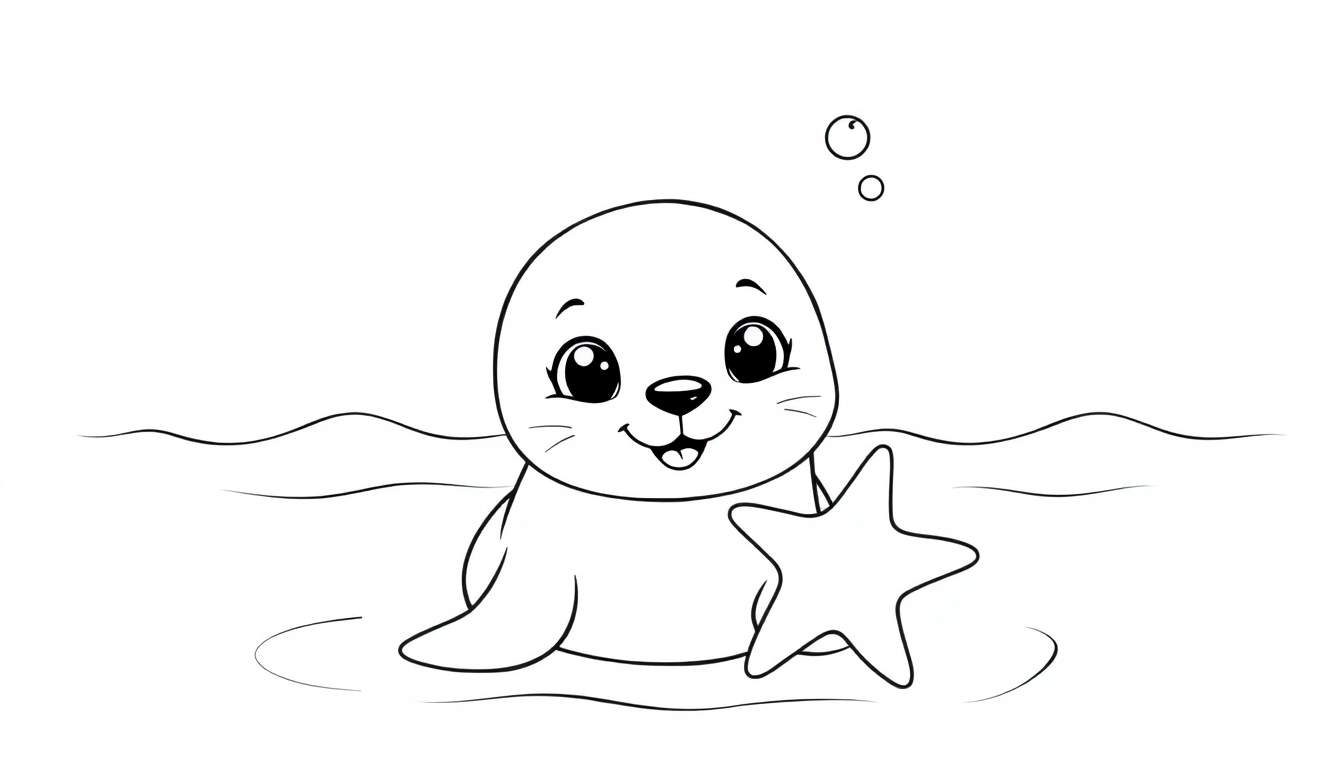 A cute baby seal with a starfish, a black and white color panel.