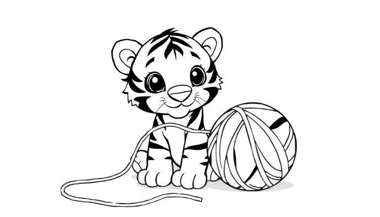 A cute black and white tiger cub illustration for the color panel, sitting playfully next to a ball of yarn.