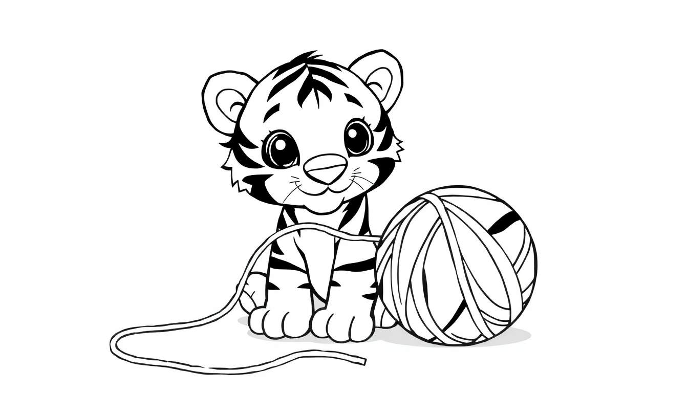 A cute black and white tiger cub illustration for the color panel, sitting playfully next to a ball of yarn.