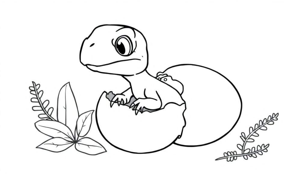 A black and white color panel showing a baby velociraptor hatching from an egg with leafy decorations.