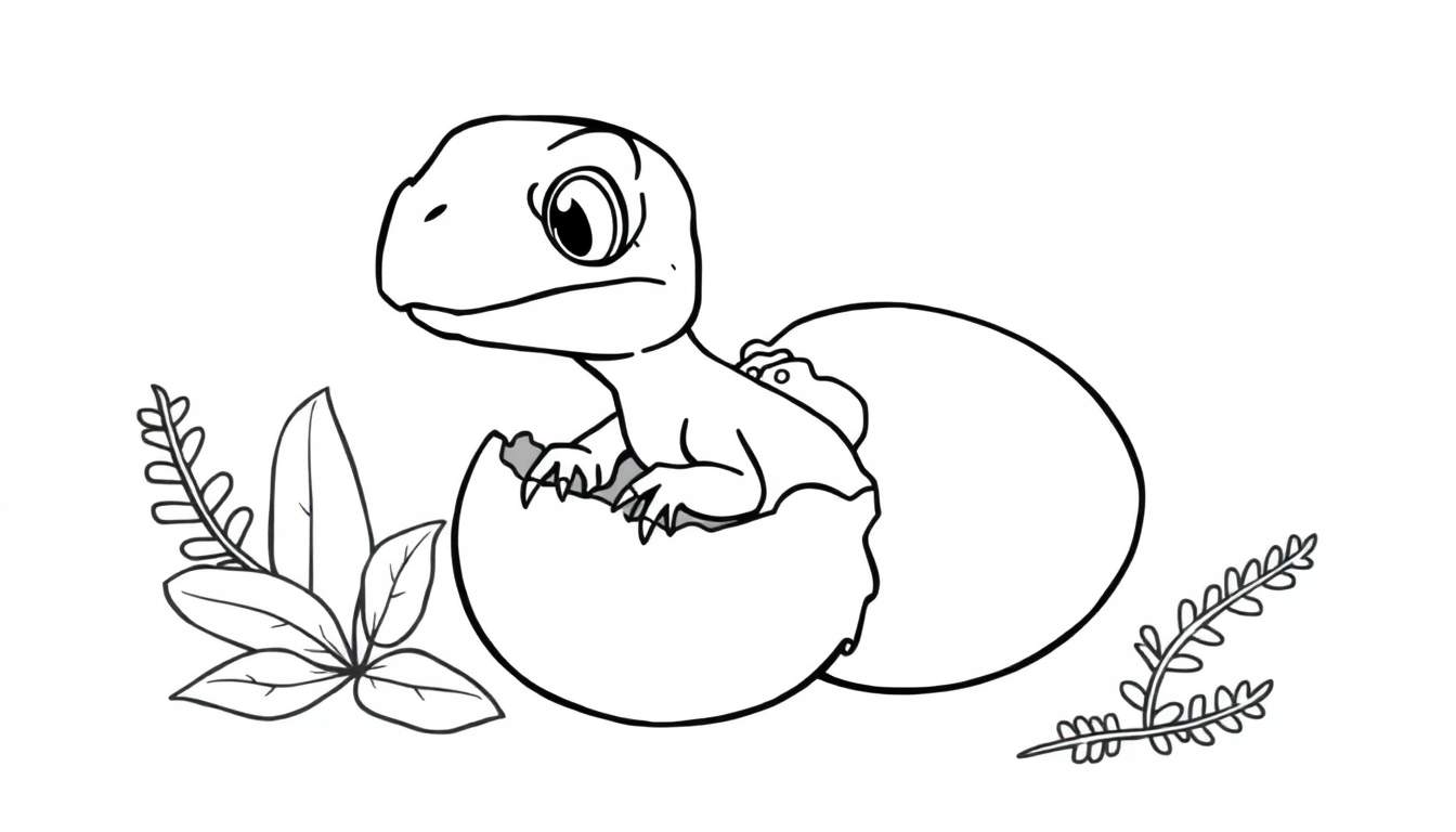 A black and white color panel showing a baby velociraptor hatching from an egg with leafy decorations.