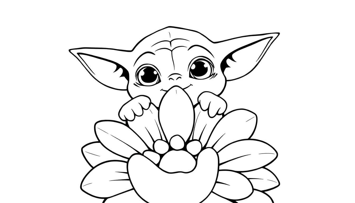 A black and white line drawing of Grogu, Baby Yoda, peeking from behind a large flower, ready for coloring. This is a fun color panel for kids.
