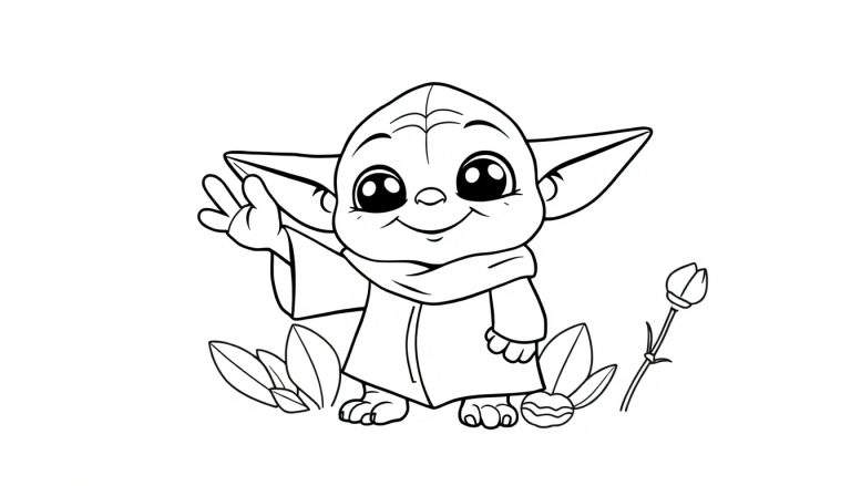 A cute black and white cartoon drawing of Baby Yoda waving, like a friendly character in a color panel. He has big eyes and ears, wears a robe, and stands amongst leaves and a flower.